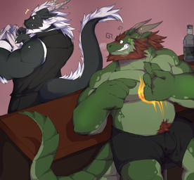 anthro beard bodily_fluids bulge clothed clothing drooling drunk duo facial_hair gesture grin male male/male saliva sex_gesture smile substance_intoxication suggestive suggestive_gesture tail topless kororoman mrkoro mythology dragon mythological_creature mythological_scalie scalie