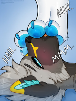 ambiguous_gender anthro blue_claws blue_pawpads blush bodily_fluids claws close-up duo feet foot_fetish foot_lick fur hair inner_ear_fluff licking looking_pleasured male moan multicolored_body multicolored_fur open_mouth pawpads paws saliva saliva_on_foot short_hair side_view simple_background snout sweat text toe_claws tongue tongue_out tuft inkoofficail canid canine canis mammal wolf 2026 colored digital_drawing_(artwork) digital_media_(artwork) english_text hi_res shaded