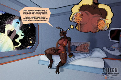 2_toes antennae_(anatomy) anthro bed bedroom big_breasts black_eyes bodily_fluids body_pillow breasts dialogue fantasizing feet female fingering fingering_self furniture genital_fluids genitals holding_breast lactating mandibles masturbation non-mammal_breasts pillow planet science_fiction solo space speech_bubble text toes unusual_bodily_fluids unusual_lactation vaginal vaginal_fingering vaginal_fluids vulva window espectro111222 alien ant arthropod hymenopteran insect english_text