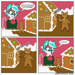 4_panel_comic anthro brown_body brown_fur cookie dialogue female food fur gingerbread_cookie gingerbread_house green_highlights grey_body grey_fur hair highlights_(coloring) holidays humor onomatopoeia smile sound_effects speech_bubble text white_body white_fur white_hair zephyriwolf christmas zephyri_q_wolf canid canine canis food_creature mammal wolf 1:1 comic english_text hi_res