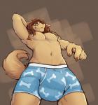 5_fingers anthro brown_body brown_fur brown_hair bulge clothed clothing detailed_bulge erection eyewear fingers fur glasses hair looking_at_viewer male muscular muscular_anthro muscular_male perspective simple_background smile solo standing sweater topwear underwear yellow_body yellow_fur zangusuu puppysky canid canine canis domestic_dog mammal 2017