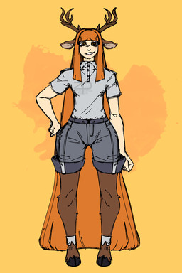 antlers bottomwear brown_body brown_fur clothed clothing eyeshadow fur hair hime_cut hooves horn light_body light_skin long_hair looking_at_viewer looking_down looking_down_at_viewer makeup male orange_eyes orange_hair shirt shorts smile smug smug_face smug_grin solo standing topwear zerospanda felix_agalith animal_humanoid deer deer_humanoid faun humanoid mammal mammal_humanoid satyr 2:3 absurd_res hi_res