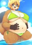 anthro belly belly_focus big_breasts bikini blonde_hair blue_eyes blush breasts brown_body brown_fur claws cleavage clothed clothing deep_navel fangs female fur gloves_(marking) hair hand_on_belly kemono looking_at_viewer markings navel nipple_outline open_mouth outside overweight overweight_anthro overweight_female skimpy sky solo standing sun swimwear teeth thick_thighs tight_bikini two-piece_swimsuit under_boob water wet white_body white_fur akitaka canid canine mammal raccoon_dog tanuki