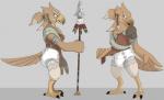 anthro beak clean_diaper clothed clothing coat diaper feathers feet male melee_weapon polearm solo spear standing talons toes topwear weapon wearing_diaper white_diaper wings poofy_dragon nintendo the_legend_of_zelda avian bird rito hi_res