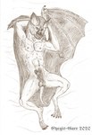 abs anthro armpit_hair athletic athletic_anthro athletic_male bat_ears bat_nose bat_wings body_hair erection genitals hands_behind_head humanoid_genitalia humanoid_penis looking_at_viewer lying male membrane_(anatomy) membranous_wings navel nipples nude pecs penis presenting presenting_balls presenting_penis seductive simple_background solo wings eyegis-garr bat mammal hi_res traditional_media_(artwork)