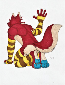anthro armwear athletic athletic_anthro athletic_male blue_pawpads brown_armwear brown_clothing brown_legwear butt claws clothing finger_claws fur kneeling legwear male male_anthro pattern_armwear pattern_clothing pattern_legwear pawpads rear_view red_body red_fur red_tail simple_background solo striped_armwear striped_clothing striped_legwear stripes tail tan_body tan_fur tan_tail toe_claws white_background white_claws yellow_armwear yellow_clothing yellow_legwear hufnaar hi_res