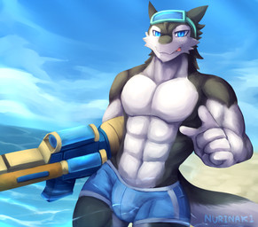 2014 abs anthro biceps big_muscles bulge clothed clothing eyewear fur goggles half-dressed happy looking_at_viewer male manly muscles navel nurinaki outside pecs pointing pointing_at_viewer sergal sharp_teeth smile solo standing teeth toned tongue tongue_out topless underwear water water_gun wet 

Rating: Questionable 
Score: 24 
User: WiiFitTrainer 
Date: July 10, 2014