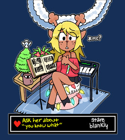 anthro beverage blonde_hair bottomwear bra_strap buckteeth cake candy candy_cane chocolate christmas_decorations christmas_lights christmas_tree clothed clothing delta_rune_(emblem) dessert eyelashes female food freckled_face freckles hair holidays hooves hot_chocolate keyboard long_eyelashes off_shoulder plant red_nose skirt solo symbol teeth text tree unsure 1her0 christmas deltarune undertale_(series) noelle_holiday deer mammal new_world_deer reindeer alpha_channel english_text