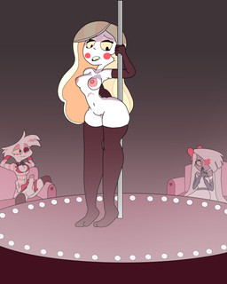 anthro balls bisexual blonde_hair breasts clothed clothing dancing erection female female/female femboy fur genitals gloves group hair handwear legwear male male/female masturbation multi_arm multi_limb nipples open_mouth partially_clothed penile penile_masturbation penis pink_body pink_eyes pink_fur pole pole_dancing simple_background smile stockings strip_club stripper_pole teeth thick_thighs trio vulva white_body white_fur white_hair white_skin wide_hips muffintopart hazbin_hotel hellaverse angel_dust charlie_morningstar vaggi_(hazbin_hotel) arachnid arthropod demon humanoid insect lepidopteran moth spider absurd_res hi_res