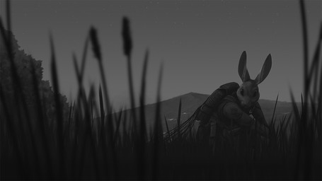 ambiguous_gender anthro backpack clothed clothing detailed_background fully_clothed fur grass low-angle_view mountain outside plant sky solo tree ipoke lagomorph leporid mammal rabbit 16:9 2020 greyscale monochrome widescreen