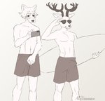 anthro antlers athletic bottomwear bulge cellphone clothed clothing covering covering_crotch covering_erection covering_self detailed_bulge duo electronics embarrassed erection erection_under_clothing eyewear front_view genital_outline hiding_erection holding_object holding_phone horn male penis_outline phone shorts sunglasses surfboard swimming_trunks swimwear topless vehicle watercraft ale_vananice beastars legoshi_(beastars) louis_(beastars) canid canine canis cervine deer mammal red_deer wolf 2020 greyscale hi_res monochrome sketch