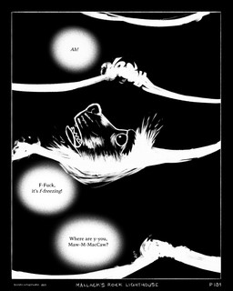 anthro black_background black_border border darkness dialogue male markings night panicking profanity simple_background solo speech_bubble spray swimming teeth text water wave whisker_markings sharkinthepark macleish_(sharkinthepark) canid canine canis domestic_dog mammal 2025 4:5 absurd_res black_and_white comic english_text hi_res monochrome