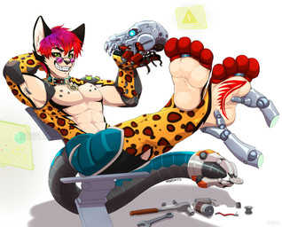 anthro barefoot cybernetics feet foot_fetish foot_focus foot_play green_eyes humanoid_feet machine massage mechanical_arm plantigrade soles solo toes tools takesu cyborg felid leopard mammal pantherine robot watermark