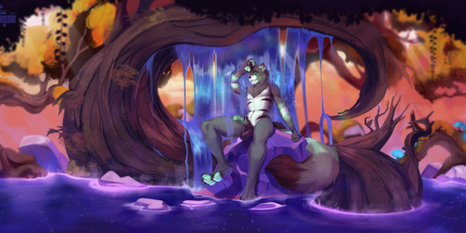 anthro bathing foreskin fur genitals green_body green_fur green_penis male pawpads paws penis relaxing solo waterfall white_body white_fur cosmicat zyel_(character) domestic_ferret ictonychine mammal marbled_polecat mustelid musteline polecat_(mustelid) true_musteline weasel absurd_res hi_res huge_filesize