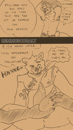 anthro bodily_fluids cum dialogue double ejaculation embarrassed exposed genital_fluids genitals greeting group humiliation male male/male medical nude penis physical_exam study text remmus_cobalt canid mammal 4k 9:16 absurd_res comic english_text hi_res