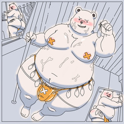 anthro belly big_belly big_butt black_nose blush bodily_fluids bulge butt clothing condom cum cum_on_belly cum_on_body cum_on_moobs filled_condom genital_fluids male moobs overweight overweight_male pole sexual_barrier_device solo stripper_pole underwear bobbellyboy one_piece bepo_(one_piece) bear mammal minkmen_(one_piece) polar_bear ursine 1:1 2025 hi_res