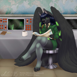 4_toes anthro black_body black_fur black_hair black_nose blue_hair claws clothed clothing feathered_wings feathers feet female footwear fur green_body green_eyes green_fur hair legwear map socks solo stockings toe_claws toeless_footwear toeless_socks toes uniform wings jackalope_(artist) nurina_athroica canid canine mammal 1:1 2015 digital_media_(artwork) signature