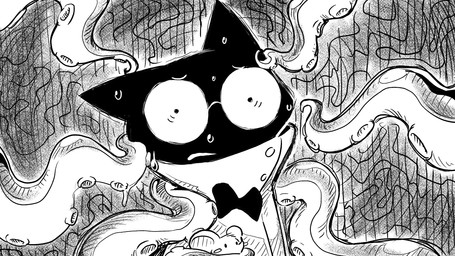 ambiguous_gender anthro black_body blush bodily_fluids bow_tie clothing coat duo lab_coat restrained restrained_by_tentacles scared sweat tentacles topwear dragonweirdo gytras_(dragonweirdo) domestic_cat felid feline felis mammal mouse murid murine rodent comic hi_res
