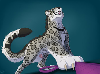 animal_genitalia animal_penis balls big_balls claws collar fangs feet feral fur genitals huge_balls leash leashed_collar lipsticking looking_at_viewer male paws penis penis_tip seductive sheath simple_background smile solo spots tail teeth toe_claws toes tongue caraluca felid mammal pantherine snow_leopard digital_media_(artwork) hi_res