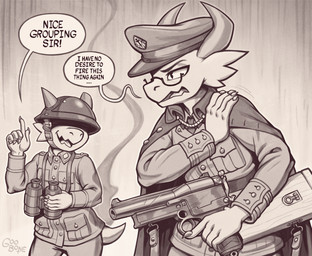 anthro armor belt binoculars clothing dialogue duo eyebrows eyewear glasses gun hand_on_shoulder handgun hat headgear headwear helmet horn male mars_automatic_pistol military military_uniform pistol ranged_weapon soldier text uniform warrior weapon goobone kobold scalie 2026 english_text hi_res monochrome