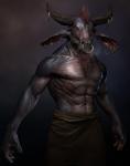abs anthro beard biceps brown_hair clothed clothing ear_piercing facial_hair facial_piercing hair horn male muscular muscular_anthro muscular_male nipples nose_piercing nose_ring pecs piercing red_eyes ring_piercing simple_background solo standing topless takaos european_mythology greek_mythology mythology bovid bovine mammal minotaur 2010 3d_(artwork) digital_media_(artwork)