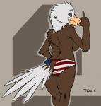 abstract_background american_flag american_flag_bikini anthro beak bikini bikini_bottom blush bottomwear breasts brown_body brown_feathers butt clothed clothing feathers female flag flag_bikini flag_clothing flag_print flag_swimwear flag_underwear furgonomic_bottomwear furgonomics gesture green_eyes hand_gesture looking_at_viewer looking_back middle_finger multicolored_body multicolored_feathers non-mammal_breasts panties pose print_bikini print_clothing print_swimwear rear_view side_boob simple_background smile solo standing swimwear tail tail_button_bottoms tail_clothing tail_feathers topless two-piece_swimsuit underwear united_states_of_america white_body white_feathers white_tail yellow_beak tzarvolver american_eagle accipitrid accipitriform avian bald_eagle bird eagle sea_eagle 2012 digital_media_(artwork) flat_colors hi_res pinup portrait three-quarter_portrait