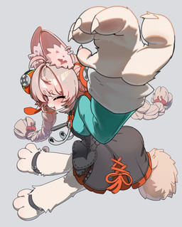 :3 action_pose anthro bell big_ears braided_hair claws clothing cotton_tail cowlick dress ear_piercing eyelashes female female_anthro finger_claws fluffy fur hair inner_ear_fluff long_hair nails one_eye_closed open_mouth open_smile orange_eyes piercing pink_hair pose raised_arm sharp_nails smile solo tuft upper_teeth white_body white_fur wink gogoyon554 mihoyo zenless_zone_zero zhao_(zenless_zone_zero) lagomorph leporid mammal rabbit thiren 2026 absurd_res digital_drawing_(artwork) digital_media_(artwork) hi_res