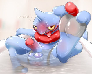 3_toes anthro balls bath bathing blue_balls blue_penis bodily_fluids curling_toes dialogue dominant dripping erection feet foot_focus foreshortening foreskin genital_fluids genitals glans hindpaw humanoid_genitalia humanoid_penis looking_at_viewer male partially_submerged paws penis pink_glans precum reclining retracted_foreskin soles solo spread_legs spreading talking_to_viewer text toes tongue water hollonut nintendo pokemon amphibian generation_4_pokemon pokemon_(species) toxicroak digital_media_(artwork) english_text