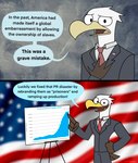 american_flag anthro beak clothed clothing dialogue graph humor male political_cartoon politics solo suit text united_states_of_america happyroadkill eric_eagle accipitrid accipitriform avian bald_eagle bird eagle sea_eagle 2021 comic english_text