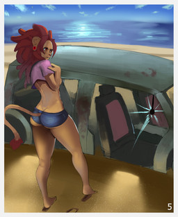 anthro barefoot beach border bottomwear breasts brown_eyes butt car clothing crop_top denim denim_bottomwear denim_clothing dreadlocks ear_piercing exposed_breasts feet female flesh_tunnel footprint fur furgonomics gauged_ear hair hotpants humanoid_feet jeans pants piercing plantigrade rear_view red_hair sand seaside shirt shorts solo tan_body tan_fur topwear vehicle white_border rushics felid lion mammal pantherine detailed digital_drawing_(artwork) digital_media_(artwork) hi_res shaded