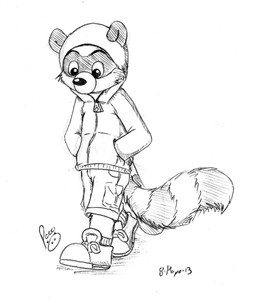 anthro black_nose bottomwear cheek_tuft clothed clothing facial_tuft footwear hand_in_pocket logo male pockets shoes shorts simple_background solo tuft young young_anthro young_male pandapaco art_(pandapaco) mammal procyonid raccoon 2013 2015 artist_logo dated hi_res monochrome signature
