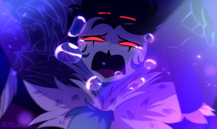 anthro blue_background bodily_fluids cape clothing crying detailed_background frown fur grey_body grey_fur grey_hair hair looking_at_viewer male reaching_towards_viewer red_eyes sad short_hair simple_background singing solo star tears white_face teathekook hellaverse helluva_boss stolas_(helluva_boss) avian avian_demon bird demon owl owl_demon hi_res