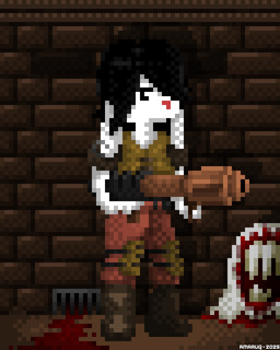 angry anthro armor black_hair blood bodily_fluids boots breathing brick_wall clothing ear_piercing footwear fur gore hair hair_over_eye looking_at_viewer male piercing ranged_weapon rocket_launcher severed_body_part severed_head shoes solo wall_(structure) weapon white_body white_fur amaruq_wulfe id_software microsoft quake lagomorph leporid mammal rabbit shambler 4:5 animated digital_media_(artwork) pixel_(artwork)