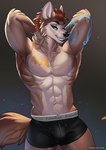 abs anthro arm_tattoo athletic athletic_anthro athletic_male black_nose blue_eyes boxer_briefs brown_hair bulge chest_tattoo clothed clothing fur furry-specific_brand grey_body grey_fur hair hands_behind_head male naturally_censored navel nipple_tuft pecs pose smile solo tattoo teeth text text_on_briefs text_on_clothing text_on_underwear topless topless_anthro topless_male tuft underwear aomori calvin_klein feral_(muse1505) canid canine canis mammal wolf 2022 digital_media_(artwork) shaded url