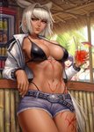 alternative_fashion beverage big_breasts blue_eyes bottomwear bra breasts clothed clothing duo female grey_hair gyaru hair j-fashion jacket midriff navel open_clothing open_jacket open_shirt open_topwear shirt shorts skimpy solo_focus tattoo topwear underwear sciamano240 fate_(series) type-moon caenis_(fate) lancer_caenis animal_humanoid canid canid_humanoid canine canine_humanoid fox_humanoid human humanoid mammal mammal_humanoid digital_media_(artwork) hi_res