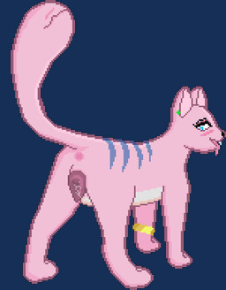 animal_genitalia animal_vulva animated_gif anus arm_cuffs bedroom_eyes big_vulva blue_stripes blush bodily_fluids breath canine_genitalia canine_vulva ear_piercing fangs female feral fur genital_fluids genitals looking_back narrowed_eyes panting piercing pink_body pink_fur seductive solo stripes tail tail_mouth teeth tongue tongue_out unusual_anatomy unusual_tail vaginal_fluids vulva x_anus vorochi kimiko_kimura felid mammal animated short_playtime