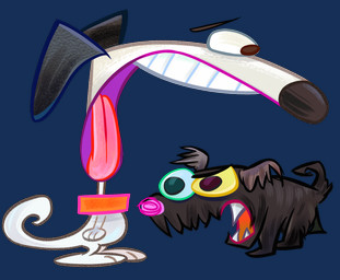 angry anthro biped black_body black_fur blue_eyes collar duo feral fur heterochromia male nude open_mouth pink_nose pink_tongue red_collar sharp_teeth simple_background standing teeth tongue toony transparent_background white_body yellow_eyes john_k canid canine canis domestic_dog mammal 2020 alpha_channel hi_res
