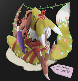 ahegao anthro bdsm bodily_fluids bondage bound bound_together bow_tie christmas_decorations christmas_lights cum cum_pool duo excessive_cum excessive_genital_fluids feet female fur genital_fluids gift gift_wrapped looking_pleasured male male/female pawpads scales string_light_bondage string_lights metalslay3rs bandai_namco digimon canid digimon_(species) guilmon mammal renamon scalie absurd_res hi_res