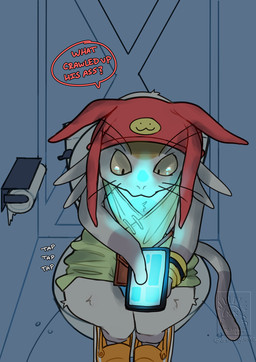 anthro bottomless cellphone clothed clothing dialogue electronics footwear green_clothing green_topwear hat headgear headwear male onomatopoeia phone phone_screen shoes sitting sitting_on_toilet smartphone solo sound_effects text toilet toilet_paper topwear drstrangeluvve space_dandy meow_(space_dandy) betelgeusian mammal english_text hi_res