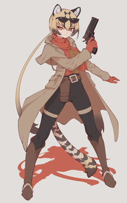 bad_trigger_discipline belt black_bottomwear black_clothing black_pants blonde_hair boots bottomwear brown_belt brown_boots brown_clothing brown_coat brown_eyes brown_footwear brown_shirt brown_topwear clothed clothing coat cosplay crossover_cosplay eyewear eyewear_on_head female footwear gloves gun hair handgun handwear holding_gun holding_handgun holding_object holding_ranged_weapon holding_revolver holding_weapon holster open_clothing open_coat open_topwear pants ranged_weapon red_clothing red_gloves red_handwear red_scarf revolver scarf shirt shoes simple_background solo standing sunglasses sunglasses_on_head tail topwear weapon wearing_sunglasses notora kemono_friends konami metal_gear ocelot_(kemono_friends) revolver_ocelot animal_humanoid felid felid_humanoid feline feline_humanoid humanoid leopardus leopardus_humanoid mammal mammal_humanoid ocelot_humanoid 2023 crossover full-length_portrait hi_res portrait