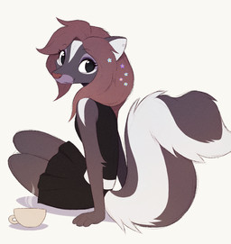 anthro biped clothed clothed_anthro clothed_female clothing female fingers fur hair looking_at_viewer simple_background sitting smile solo tail aseethe mammal mephitid skunk 2026 digital_drawing_(artwork) digital_media_(artwork) hi_res