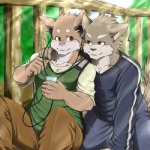 anthro blush brown_body brown_eyes brown_fur duo fur grey_body grey_fur hug male male/male music romantic romantic_couple smile tail teeth toku canid canine canis mammal wolf 1:1