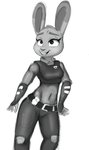 4_fingers anthro badge belt bottomwear buckteeth clothing female fingerless_gloves fingers gloves handwear midriff navel open_mouth pants police police_uniform simple_background solo standing teeth tongue uniform white_background hthfp disney zootopia judy_hopps lagomorph leporid mammal rabbit hi_res monochrome sketch