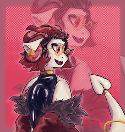 accessory ambiguous_gender anthro bodysuit choker clothing ear_piercing ear_ring ear_tag eyeshadow eyewear fur_jacket furgonomics glasses gold_(metal) gold_choker gold_jewelry gold_necklace horn jacket jewelry latex latex_clothing latex_skinsuit looking_away makeup necklace piercing red_clothing red_eyes red_horn red_jacket red_topwear ring ring_piercing skinsuit smile solo tail tail_accessory tail_jewelry tail_ring tattoo tight_clothing topwear unknown_artist dreddy_(dreddyhypno) bovid bovine caprine hybrid imp mammal hi_res