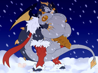 abdominal_bulge after_vore animal_genitalia animal_penis anthro areola balls belly belly_grab big_balls big_belly big_breasts big_penis biped black_body black_fur blush blush_lines breasts cheek_tuft claws clothing erection eyelashes facial_tuft fangs female fur genitals grey_body half-closed_eyes hand_on_own_belly horn huge_balls huge_belly huge_breasts huge_penis hyper hyper_balls hyper_belly hyper_breasts hyper_genitalia hyper_penis legwear long_eyelashes long_tail looking_at_viewer membrane_(anatomy) membranous_wings mostly_nude narrowed_eyes night nipples penis red_clothing red_legwear red_stockings rumbling_stomach sky smile smiling_at_viewer snow snowfall solo spiked_penis spikes spikes_(anatomy) standing stockings tail teeth tuft vore wings yellow_eyes yellow_horn yellow_nipples yellow_penis nuhichpukich mythology canid canine canis dragon hybrid mammal mythological_creature mythological_scalie scalie wolf 2025 colored digital_drawing_(artwork) digital_media_(artwork) flat_colors hi_res