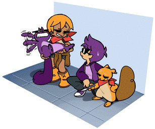 alternate_species anthro blush bodily_fluids boots bottomwear brown_tail carrying_another clothing duo ear_piercing eyewear female footwear hair holding_knife holding_object humanized jacket kerchief knife male motion_lines multicolored_body neckerchief neckwear nervous orange_body orange_hair pants piercing purple_body purple_hair purple_tail shirt shoes shorts simple_background smile square_crossover sunglasses sweat sweatdrop sweater sweater_around_waist tail tan_body tan_skin topwear two_tone_body young fullhero cashew_and_belle almond_(fullhero) walnut_(fullhero) human mammal rodent sciurid tree_squirrel