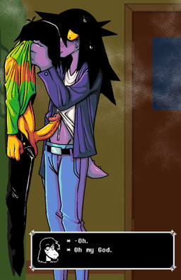 anthro aroused bodily_fluids bottomwear bully bullying clothed clothing clothing_lift cum cum_on_belly cum_on_body denim denim_bottomwear denim_clothing dialogue dominant dominant_female duo erection female freckles genital_fluids genitals human_on_anthro interspecies jeans larger_female male male/female pants penis shirt shirt_lift size_difference skinny skinny_anthro skinny_female skinny_male slim smaller_male surprised sweat text text_box topwear ponporio deltarune undertale_(series) kris_dreemurr susie_(deltarune) human mammal reptile scalie absurd_res english_text hi_res
