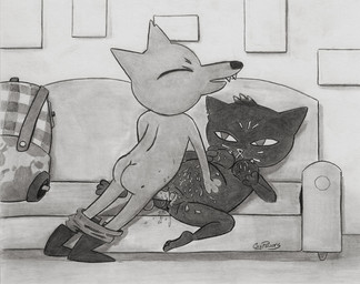 animal_genitalia anthro anthro_on_anthro backpack balls big_head bodily_fluids boots bottomwear bottomwear_down breasts butt clothed clothed/nude clothing cum cum_in_vagina cum_inside cum_on_belly cum_on_body cum_splatter cute_fangs detailed_background duo erection eyes_closed fangs feet female female_penetrated footwear foreskin fur furniture genital_fluids genitals head_tuft holding_breast humanoid_genitalia humanoid_penis inside interspecies leaning leaning_forward looking_at_another looking_at_partner looking_pleasured lying male male/female male_penetrating male_penetrating_female micro_calves micro_legs micro_thighs mostly_nude narrow_hips notched_ear nude on_back on_model on_sofa orgasm orgasm_face pants pants_down partially_clothed penetration penile penile_penetration penis penis_in_vagina plantigrade pregnant retracted_foreskin sex shallow_penetration shoes snout sofa sofa_sex spread_legs spreading standing submissive submissive_female teeth thin_calves thin_legs thin_thighs toony tuft vaginal vaginal_penetration vulva whiskers coypowers night_in_the_woods gregg_lee mae_borowski canid canine domestic_cat felid feline felis fox mammal 2018 greyscale monochrome traditional_media_(artwork)