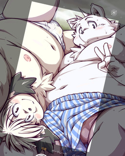 anthro balls belly big_belly boxers_(clothing) boxers_only briefs briefs_only bulge chest_tuft clothed clothing duo genitals gesture hand_gesture humanoid_hands kemono lying male male/male moobs navel nipples overweight overweight_male smile smiling_at_viewer text tighty_whities topless tuft underwear underwear_only v_sign white_briefs white_clothing white_underwear takagi_kyou book_whitener wight_bracken canid canine canis domestic_dog mammal 4:5 hi_res