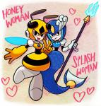 antennae_(anatomy) black_eyes duo female heart_symbol looking_at_viewer machine melee_weapon polearm split_form trident weapon unknown_artist capcom mega_man_(series) megaman_(classic) honey_woman splash_woman arthropod bee humanoid hymenopteran insect marine merfolk robot